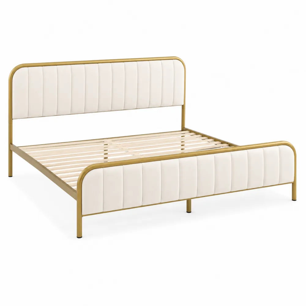 Lit double en métal doré et tissu beige 200x160 cm