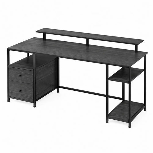 Bureau en bois noir avec étagères et tiroirs