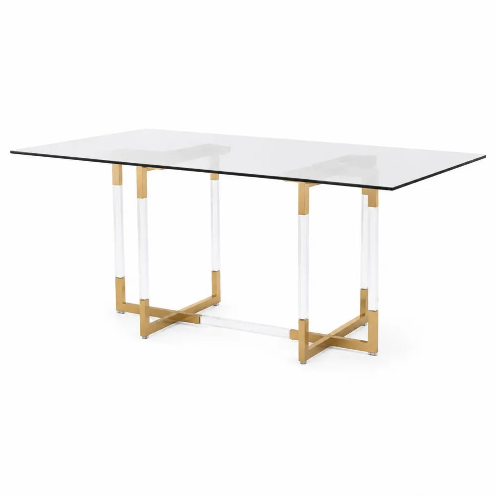 Table à manger rectangulaire en verre trempé et métal doré 180x90x75 cm