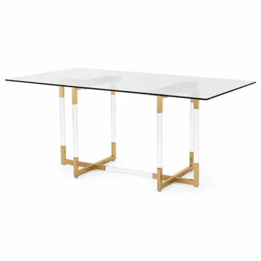 Table à manger rectangulaire en verre trempé et métal doré 180x90x75 cm