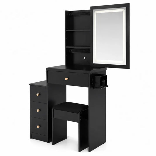Coiffeuse en Bois avec Miroir LED, Tiroirs et Tabouret Noir