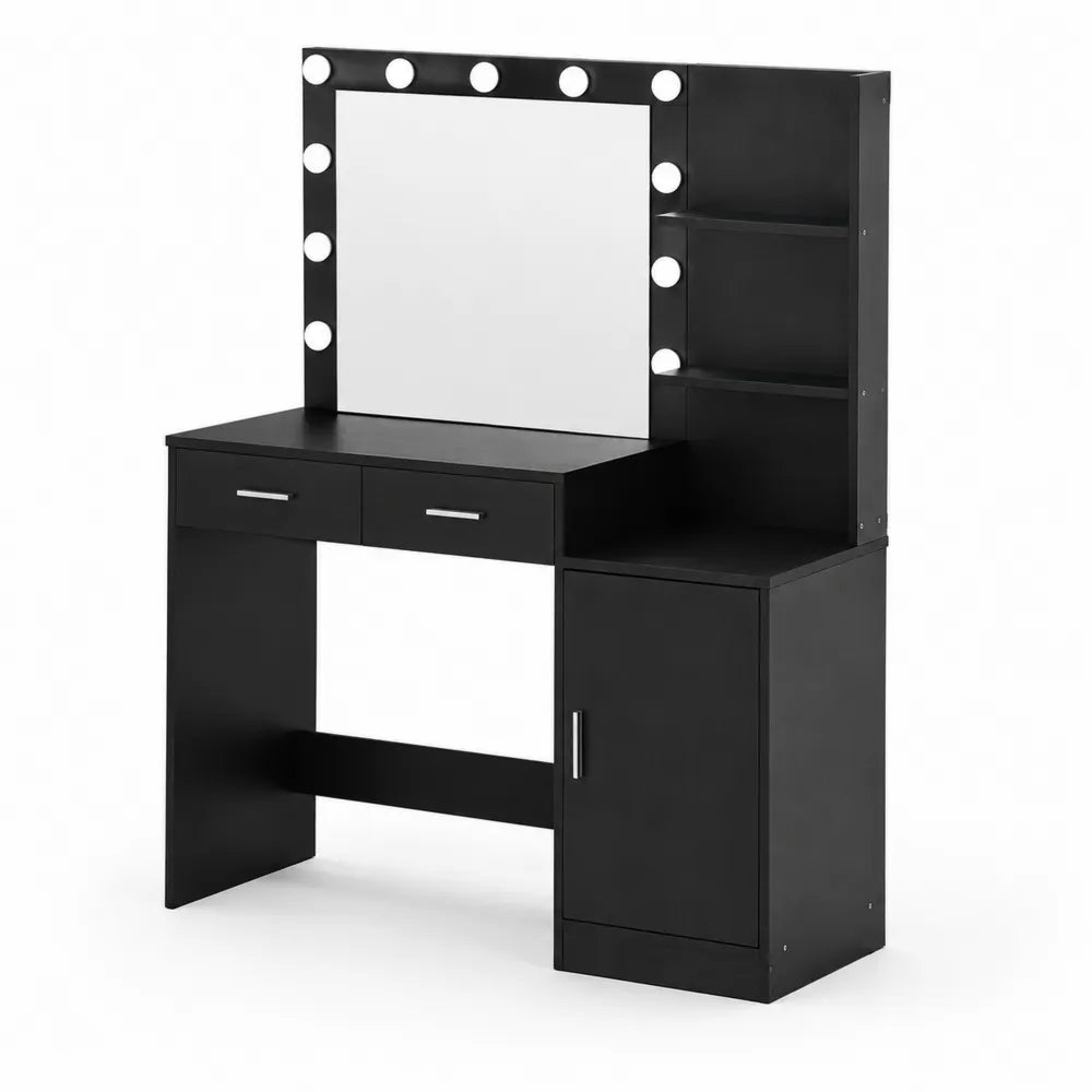 Coiffeuse en MDF Noir avec Miroir Éclairé et Rangement