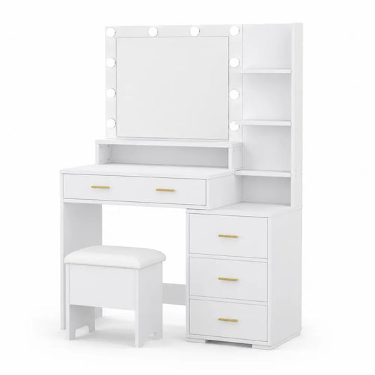 Coiffeuse en Bois avec Miroir LED et Tabouret en Similicuir Blanc
