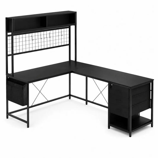 Bureau d'angle en métal noir avec tiroirs et étagère
