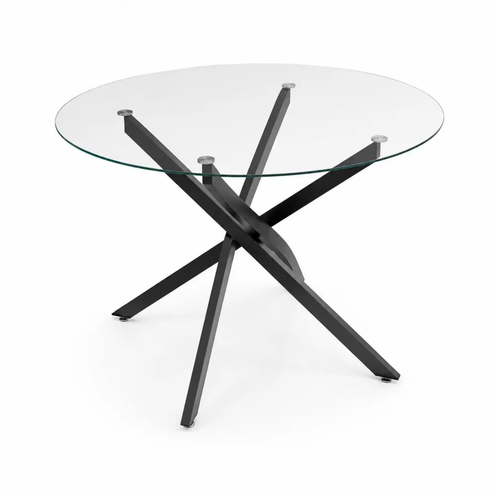 Table ronde en verre trempé et métal noir, diamètre 120 cm