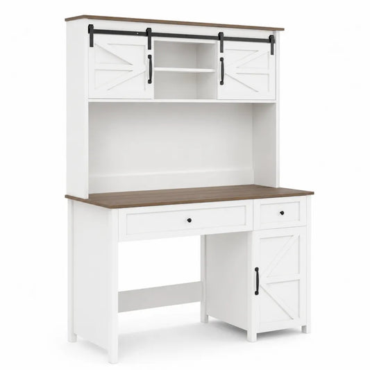 Bureau en Bois avec Étagère et Portes Coulissantes Blanc
