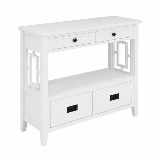 Console en bois blanc avec tiroirs et étagère