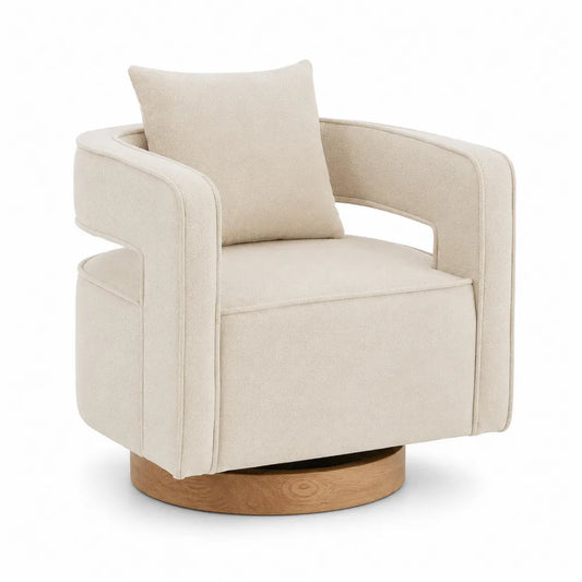 Fauteuil pivotant en tissu beige avec base en bois