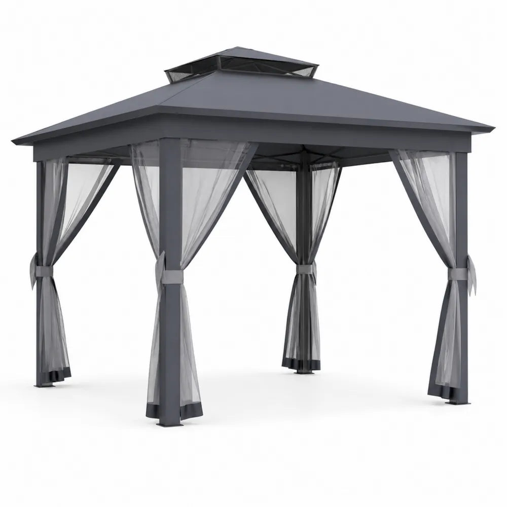 Tonnelle de jardin en aluminium avec toit double et rideaux en polyester