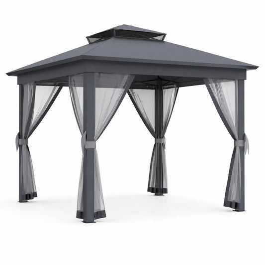 Tonnelle de jardin en aluminium avec toit double et rideaux en polyester