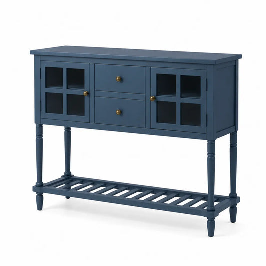 Console en bois avec deux tiroirs et portes en verre trempé - Bleu