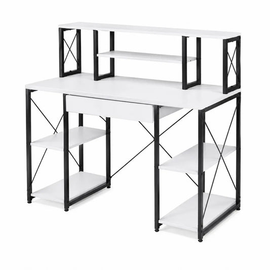 Bureau en métal et MDF blanc avec étagères 120x60x100 cm